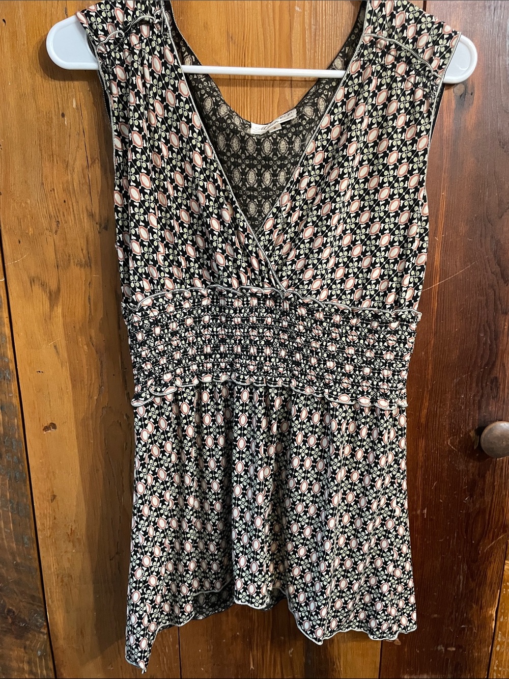 Sleeveless Black & Blush V-Neck Smocked Waist Tank Top